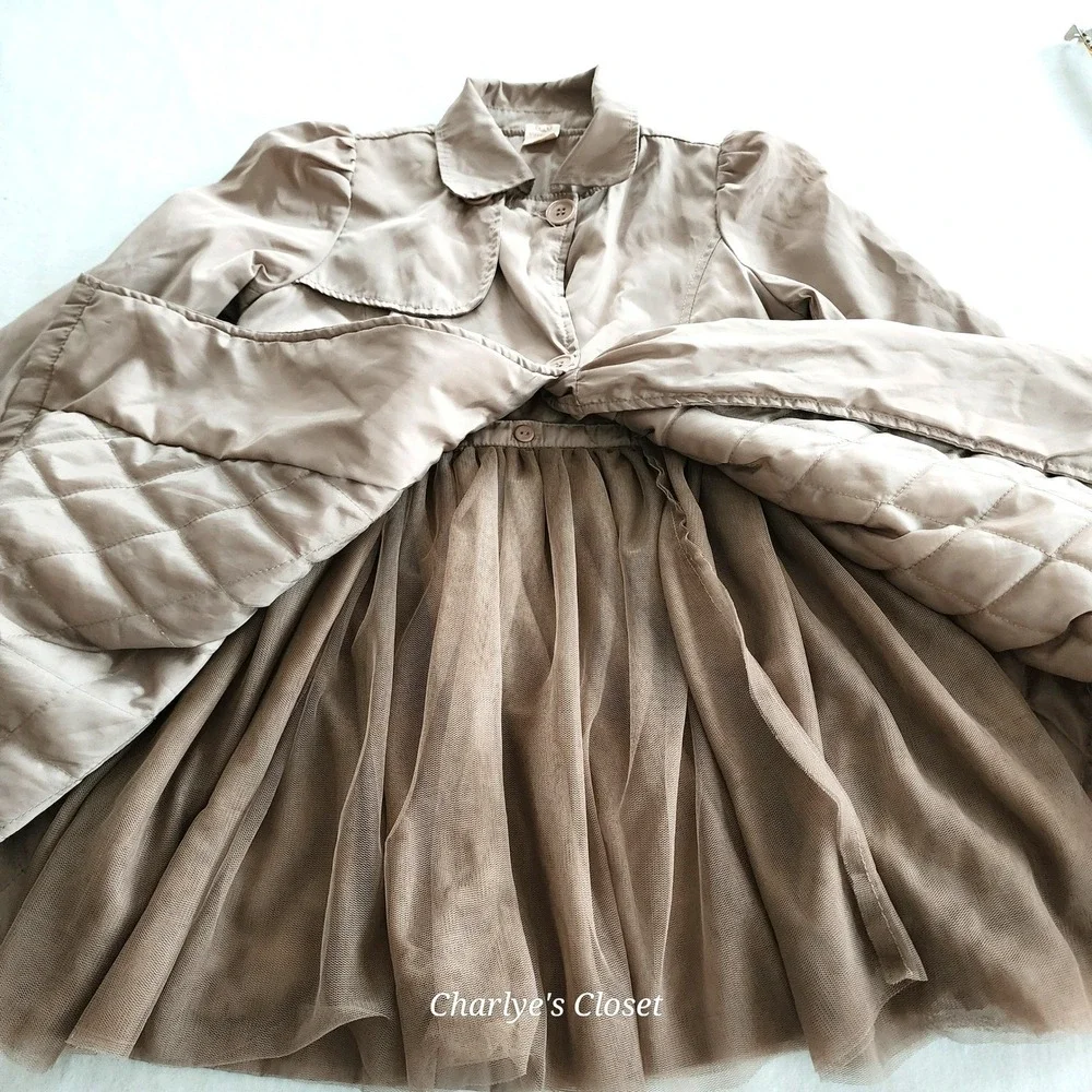 Strawberry Coral Kids Girl Size 13 Tan Beige Trench Coat Dress with Tulle‎ Skirt
